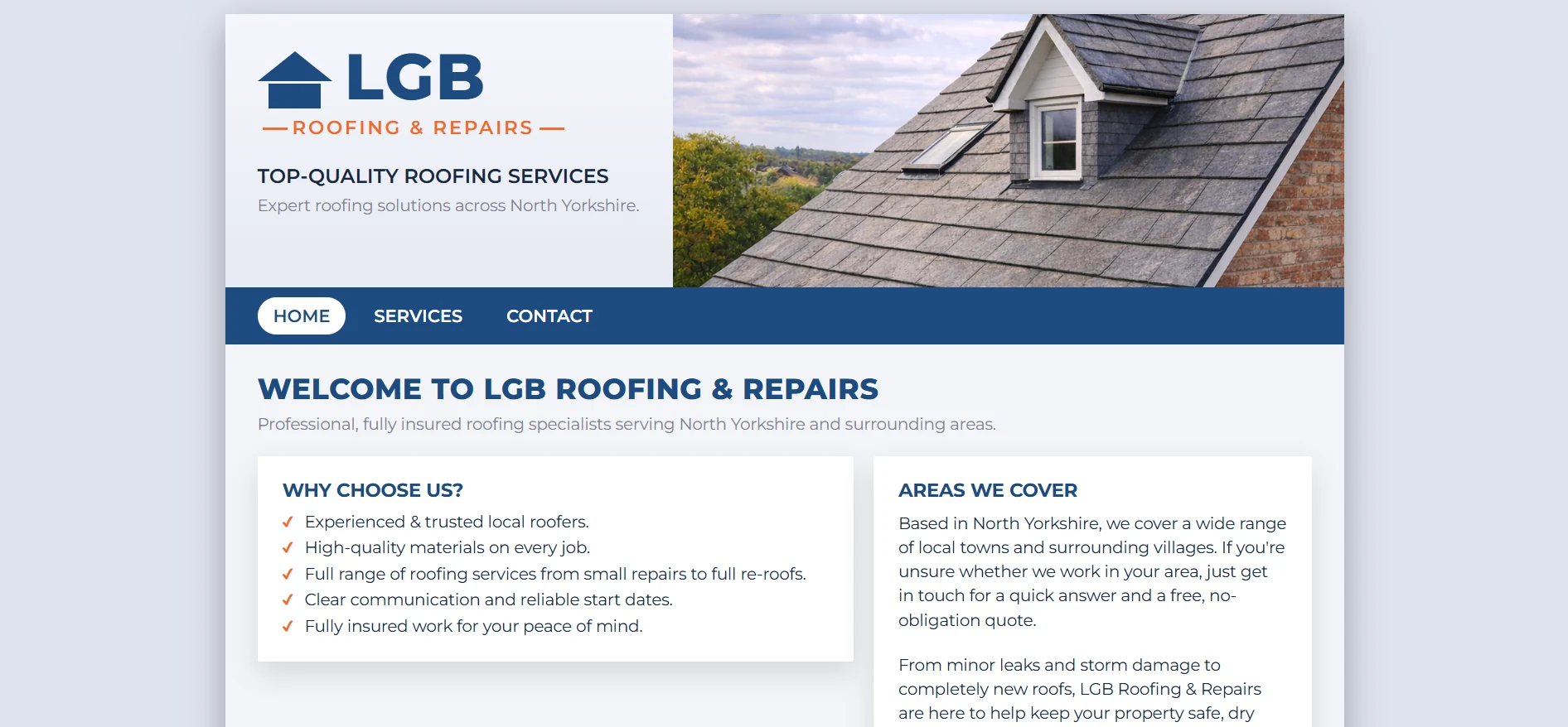 Real screenshot of the LGB Roofing & Repairs homepage